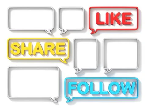 Different size speech bubbles LIKE, SHARE, FOLLOW concept 3D Stock Illustration