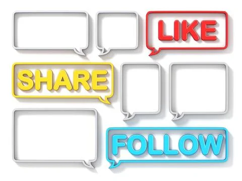 Different size speech bubbles LIKE, SHARE, FOLLOW concept 3D Different siz... Stock Photos