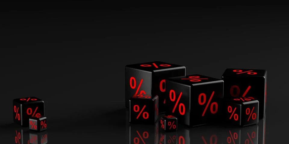 Different sized black cubes or dice with percent sign symbol on black backg.. Stock Illustration