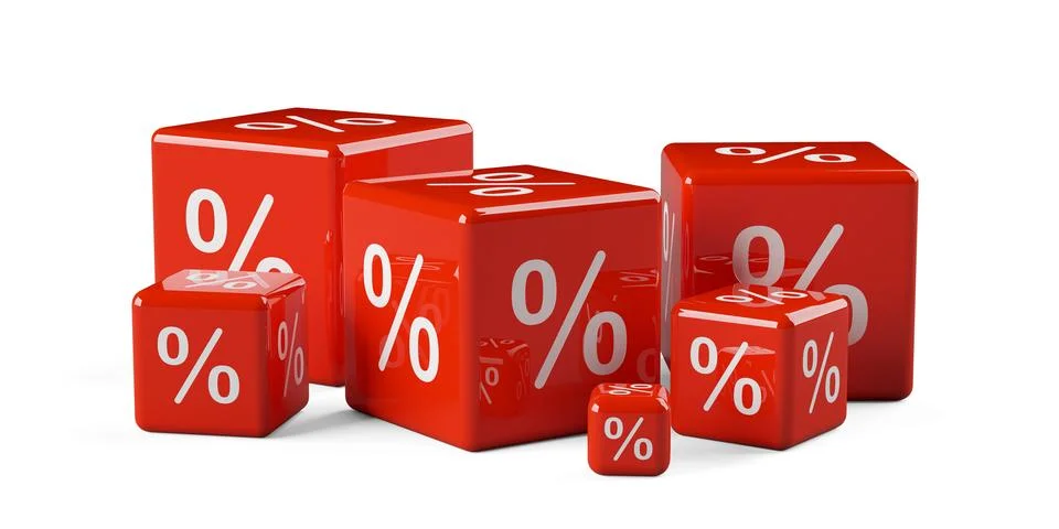 Different sized red cubes or dice with percent sign symbol on white backgro.. Stock Illustration