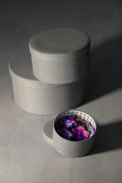 Different sized round boxes with beautiful flowers Stock Photos