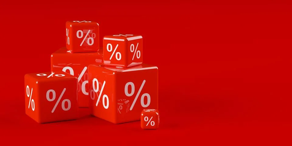 Different sized stacked red cubes or dice with percent sign symbol on red b.. Stock Illustration