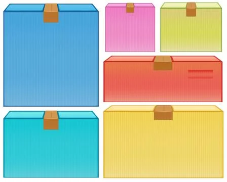 Different sizes of cardboard boxes in many colors Stock Illustration