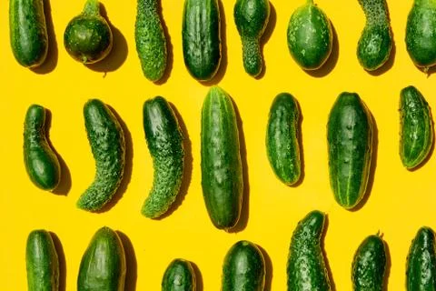 Different sizes forms cucumbers pattern on a light yellow background. Copy sp Stock Photos