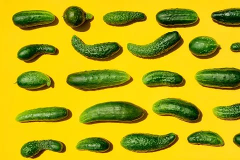 Different sizes forms cucumbers pattern on a light yellow background. Copy sp Foto stock