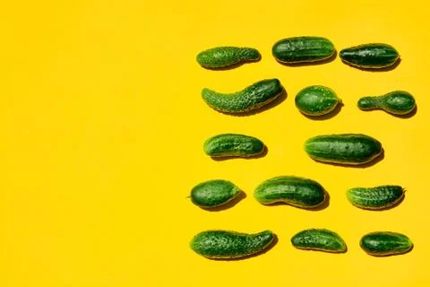 Different sizes forms cucumbers pattern on a light yellow background. Copy sp Stock-Fotos