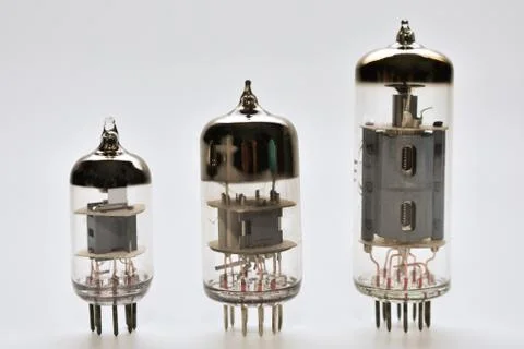 Different sizes of vacuum glass lamps used in electronic amplifying technolog Stock Photos