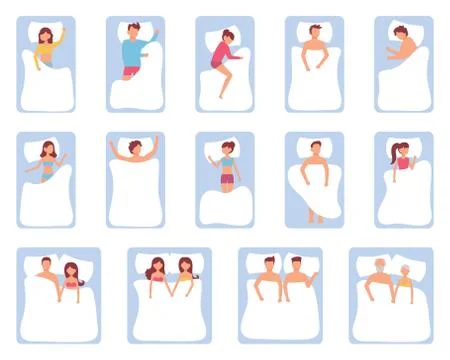 Different Sleeping Poses Set. Vector illustration of young cartoon flat man s Stock Illustration