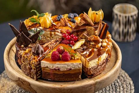 Different slices of various cakes Stock Photos