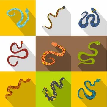 Different snake icons set, flat style Illustrazione stock