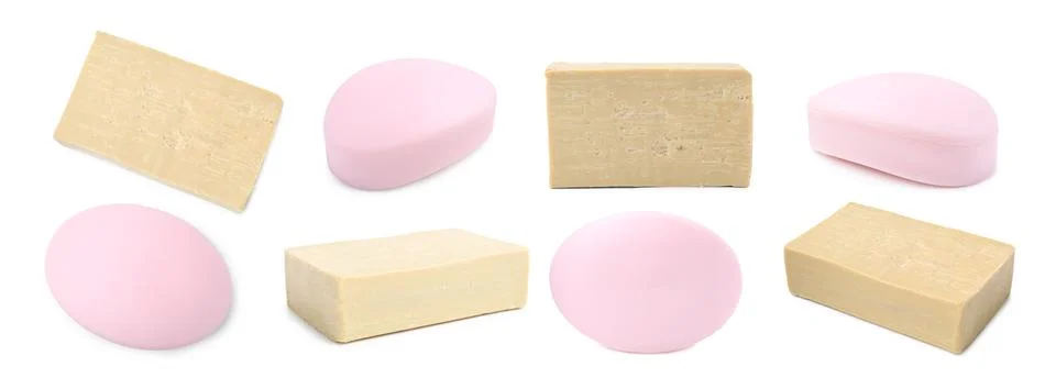 Different soap bars isolated on white, set. Top and side view Stockfoto's
