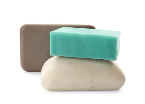 Different soap bars on white background. Personal hygiene Foto stock