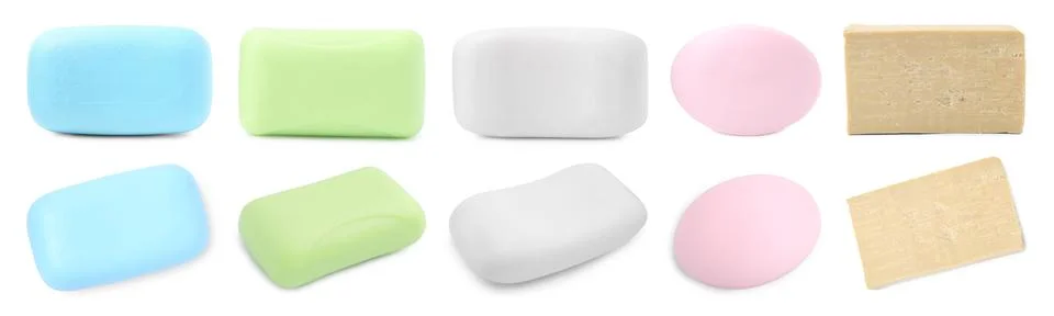 Different soap bars on white background, set Stockfoto's