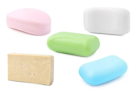 Different soap bars on white background, set Stock Photos