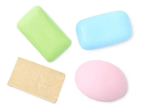 Different soap bars on white background, set. Top view Stockfoto's