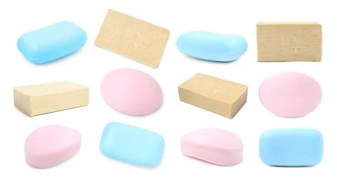 Different soap bars on white background, set. Top and side view 写真素材