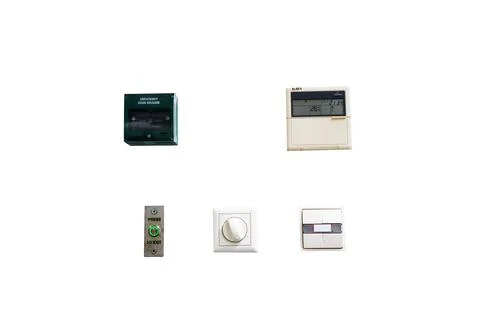 Different sockets and switch placed on a clear wall. Stock Photos
