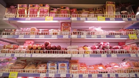 Different sorts of sausages in the package Stock Footage 75489498