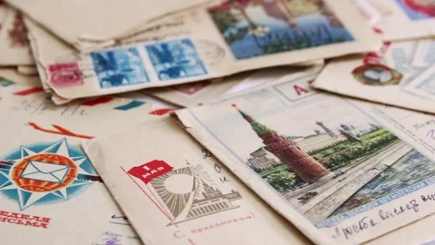 Different soviet  illustrated stamped envelopes Stockbeeldmateriaal 243449271