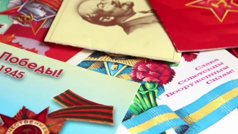 Different Soviet patriotic postal greeting cards closeup Stockbeeldmateriaal 244074164
