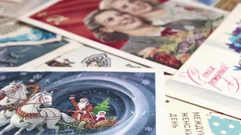 Different Soviet postal greeting cards closeup Stockbeeldmateriaal 244074158