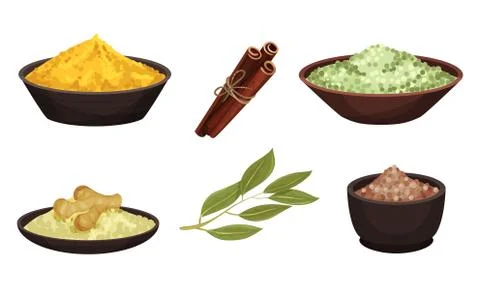 Different Spices and Condiments Dried and Powdered Poured in Bowl Vector Set Stock Illustration