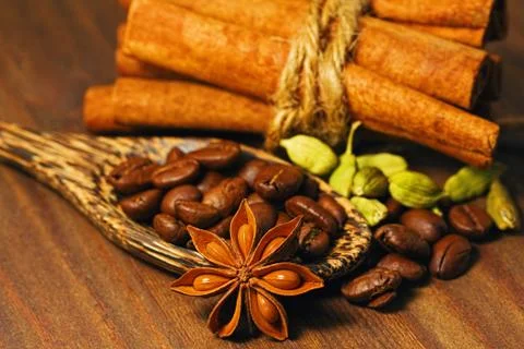 Different spices and roasted coffee beans shooted in macro Stock Photos