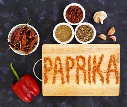 Different spices on dark background. Top view. Stock Photos