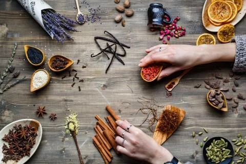 Different spices, herbs and roots view from the top Фото