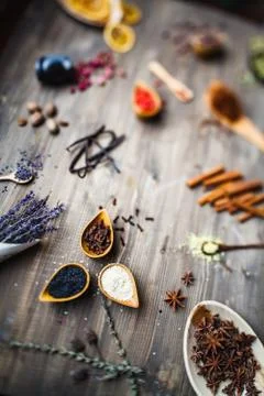 Different spices, herbs and roots view from the top Stock Photos