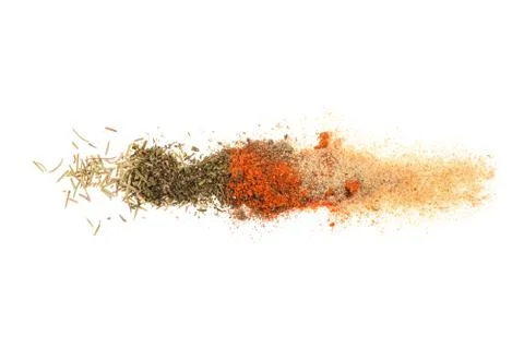 Different spices row on white Foto stock