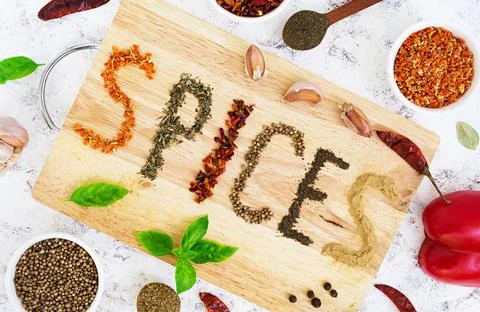 Different spices on white background. Top view Stock Photos