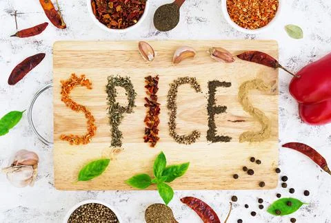 Different spices on white background. Top view Stock Photos