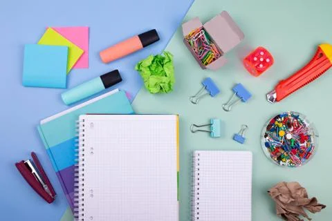 Different stationary items on the office or student's desk Stock Photos