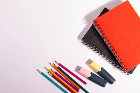 Different stationary items on the office or student's desk Stock Photos