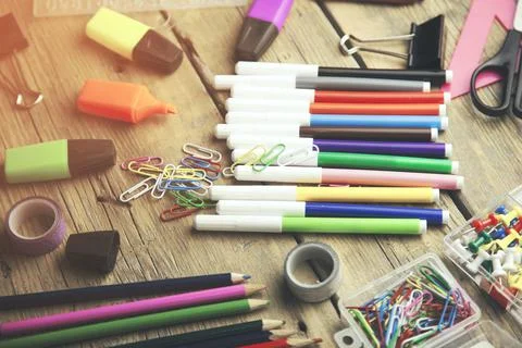 Different stationary on the table Stock Photos