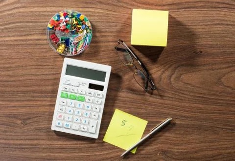 Different stationery objects on wooden table. Stock Photos