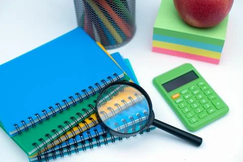 Different stationery.Top view of student table stationery and education supplies Stock Photos