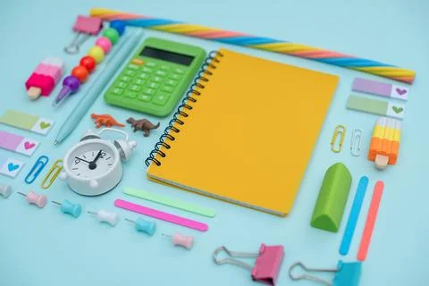Different stationery.Top view of student table stationery and education supplies Stock Photos
