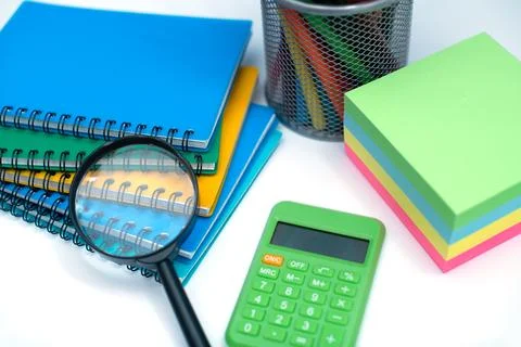 Different stationery.Top view of student table stationery and education supplies Stock Photos