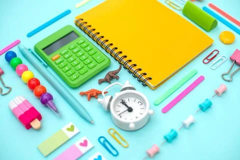 Different stationery.Top view of student table stationery and education supplies Stock Photos