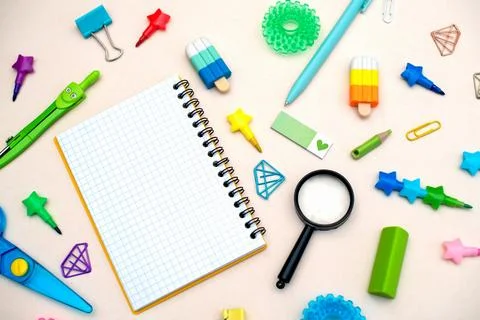 Different stationery.Top view of student table stationery and education supplies 스톡 사진