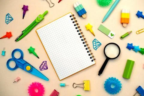 Different stationery.Top view of student table stationery and education supplies Stock Photos