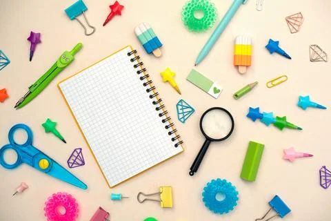 Different stationery.Top view of student table stationery and education supplies Stock Photos