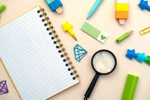Different stationery.Top view of student table stationery and education supplies Stock Photos