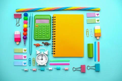 Different stationery.Top view of student table stationery and education supplies Stock Photos