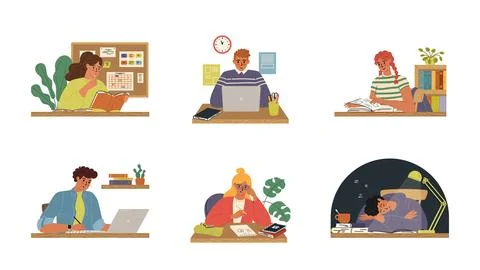 Different student characters studying at home, in library, online and offline Stock Illustration
