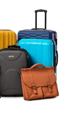Different suitcases and backpack isolated on white background Stock Photos