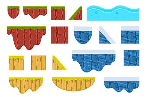 Different surfaces sett, texture of ground, water, ice and wood vector Stock Illustration