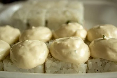 Different sushi in a take-away package. Japanese food Stock Photos